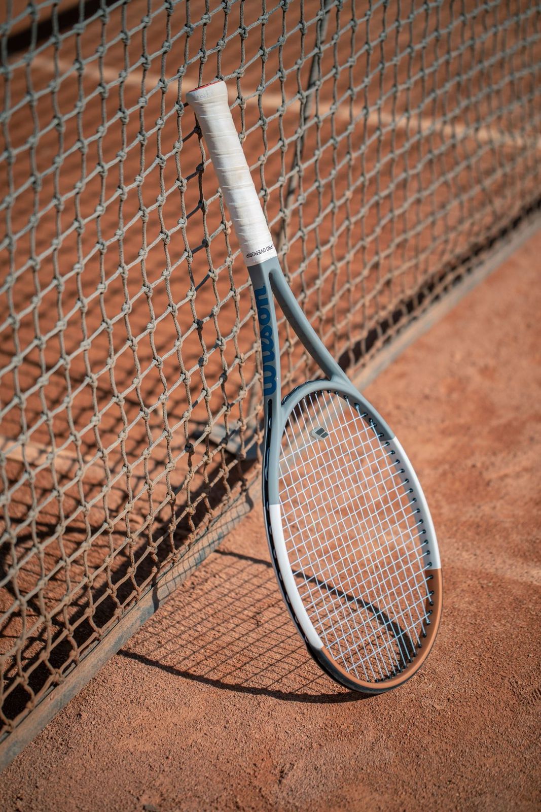 Tennis racket leaning against the net on a clay court